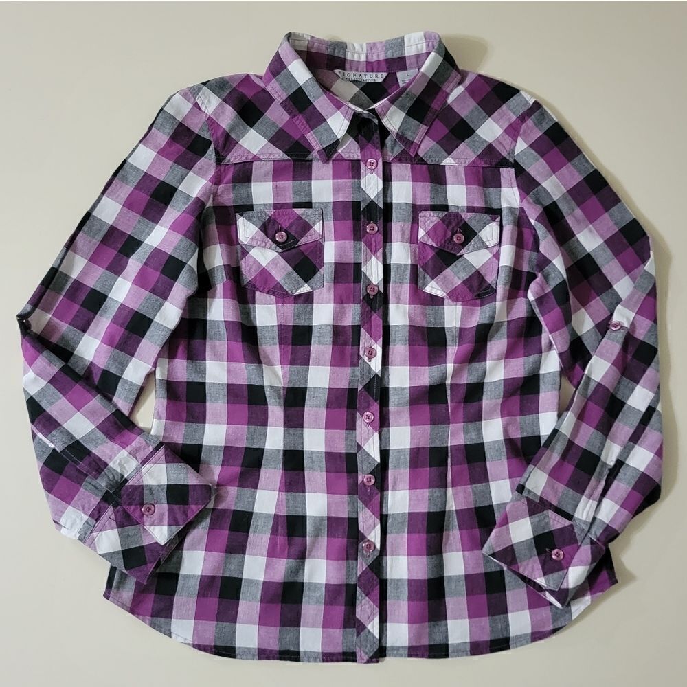 Signature by Larry Levine Purple & Black Plaid Button-Down Long Sleeve Shirt